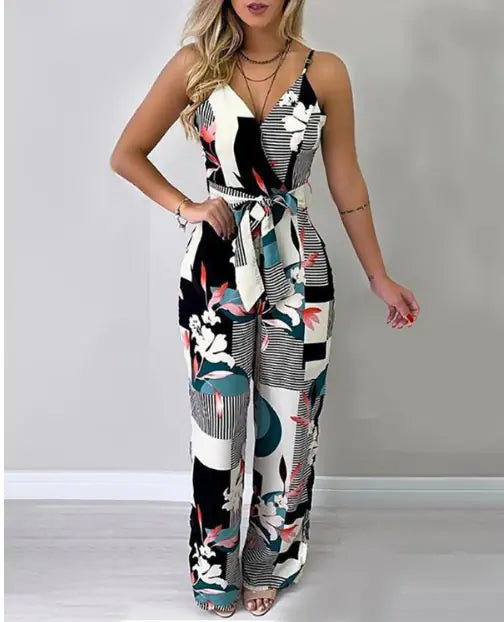 2020 Women's Floral Print Jumpsuit with Deep V Neck