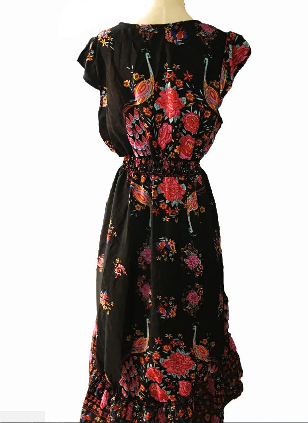 Peacock Print Vintage V-Neck Floral Dress