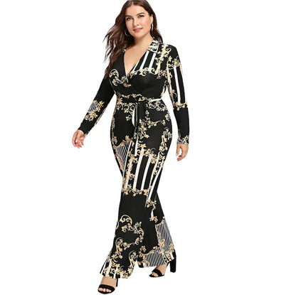 Plus Size Women's Deep V Print Jumpsuit with Tie