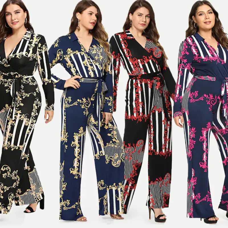 Plus Size Women's Deep V Print Jumpsuit with Tie