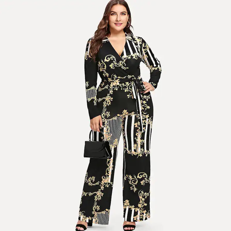 Plus Size Women's Deep V Print Jumpsuit with Tie