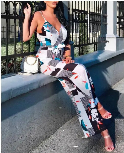 2020 Women's Floral Print Jumpsuit with Deep V Neck