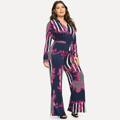 Plus Size Women's Deep V Print Jumpsuit with Tie