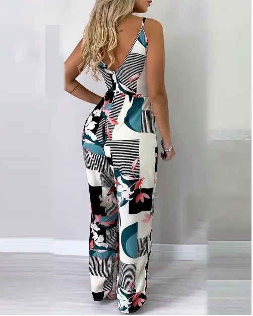 2020 Women's Floral Print Jumpsuit with Deep V Neck