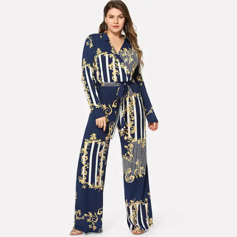 Plus Size Women's Deep V Print Jumpsuit with Tie