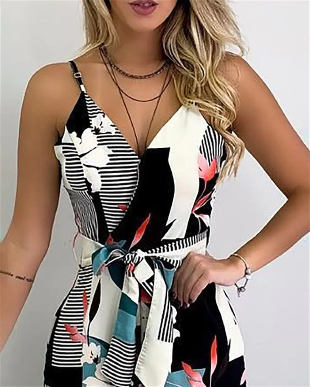 2020 Women's Floral Print Jumpsuit with Deep V Neck