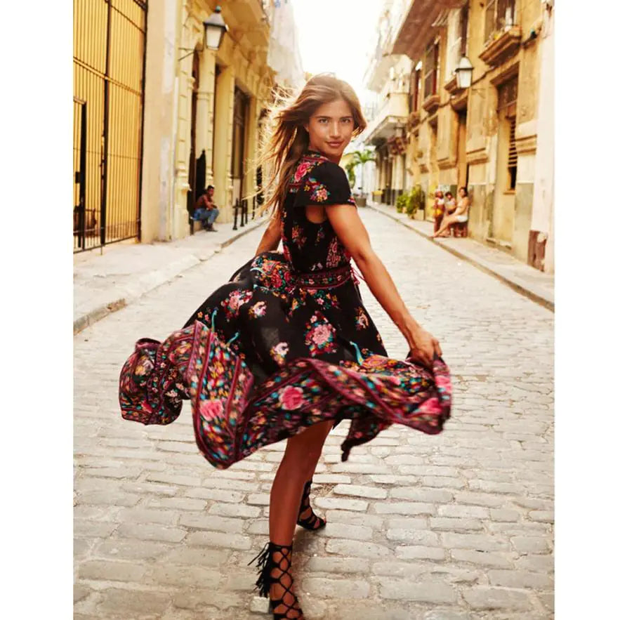 Peacock Print Vintage V-Neck Floral Dress