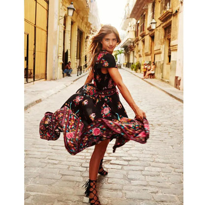 Peacock Print Vintage V-Neck Floral Dress