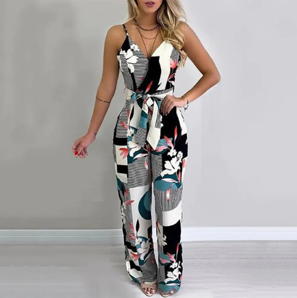 2020 Women's Floral Print Jumpsuit with Deep V Neck