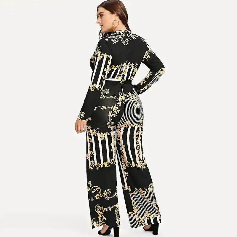 Plus Size Women's Deep V Print Jumpsuit with Tie