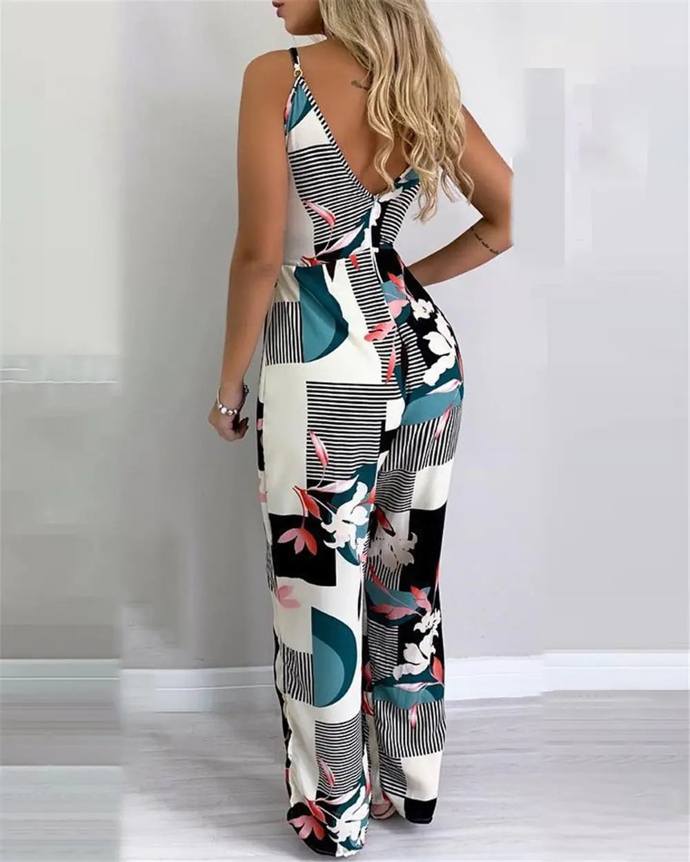 2020 Women's Floral Print Jumpsuit with Deep V Neck