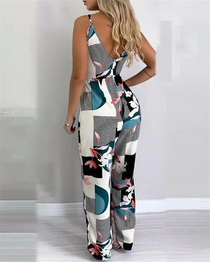 2020 Women's Floral Print Jumpsuit with Deep V Neck