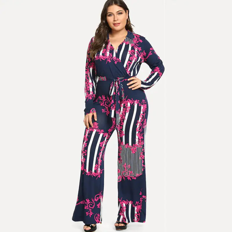 Plus Size Women's Deep V Print Jumpsuit with Tie