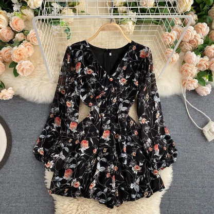 Vintage Floral Print V-Neck Women's Jumpsuit PL465