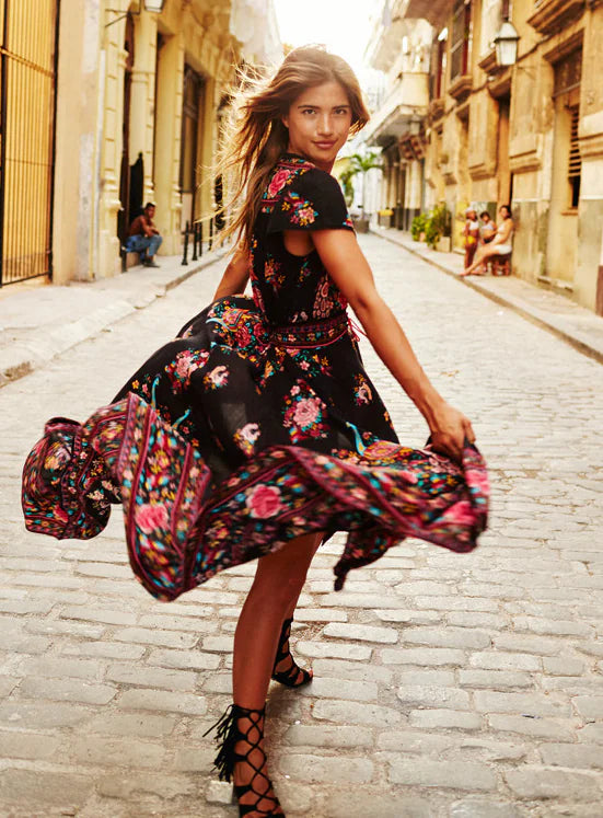 Peacock Print Vintage V-Neck Floral Dress