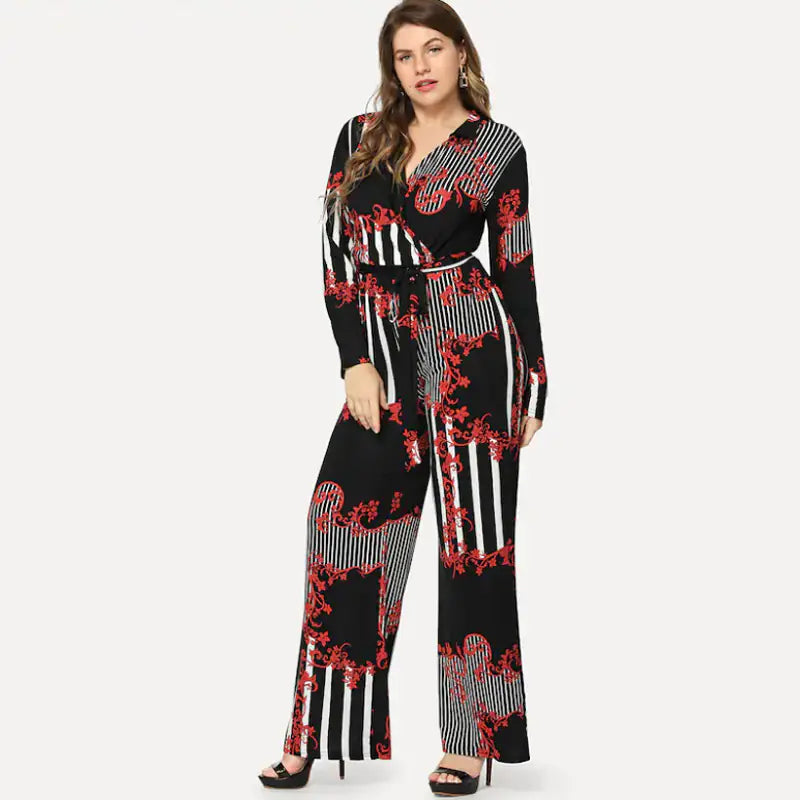 Plus Size Women's Deep V Print Jumpsuit with Tie