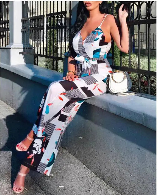 2020 Women's Floral Print Jumpsuit with Deep V Neck