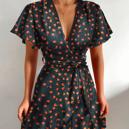 Multicolor Floral V Neck Ruffle Wrap Dress for Women